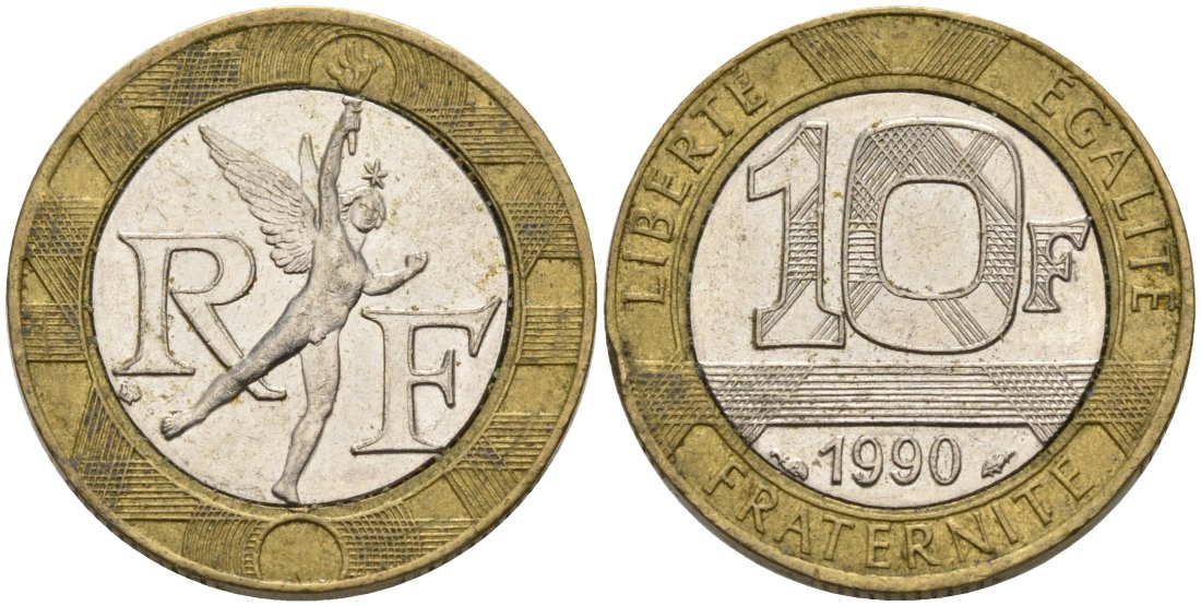 Франция 10 франков 1990 тип Гений Бастилии KM 964.1, Le Frank 375.5 биметалл 4573-1023