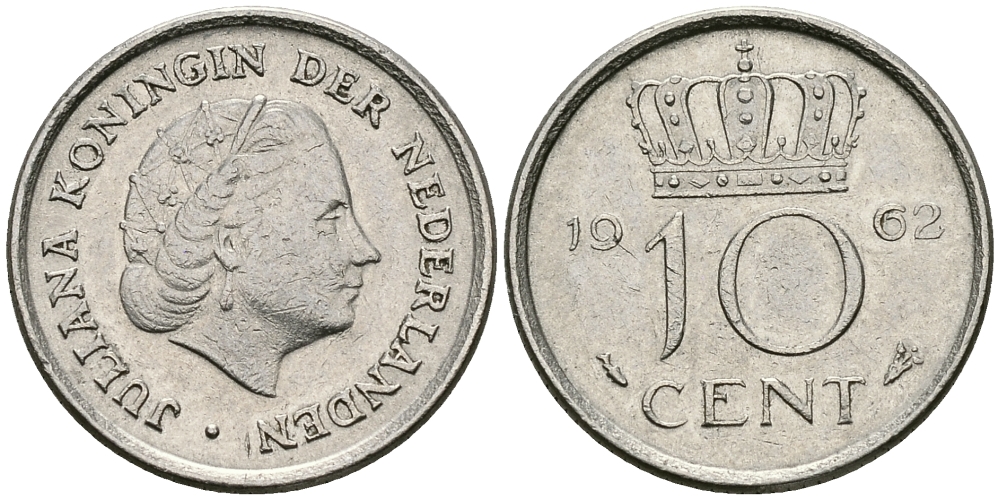НИДЕРЛАНДЫ 10 ЦЕНТОВ 1962 ЮЛИАНА KM 182 никель 96-429