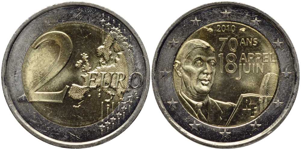 Франция 2 евро 2010 70 лет речи Шарля де Голля "Ко всем французам" KM 1676 биметалл UNC 115-1224