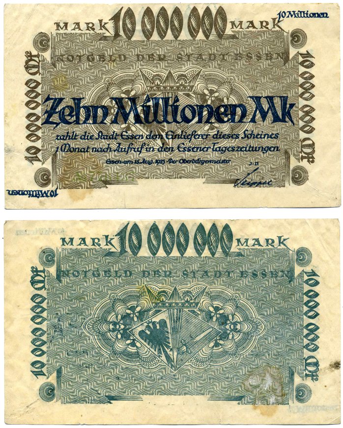 Эссен 10000000 марок (10 миллионов) 1923 15 августа 1923, серия ЗЕЛЁНАЯ, нотгельд, ЗЕЛЁНЫЙ НОМЕР, земля Северный Рейн-Вестфалия Arnold Keller 1415d бумага 2193-16-2-1