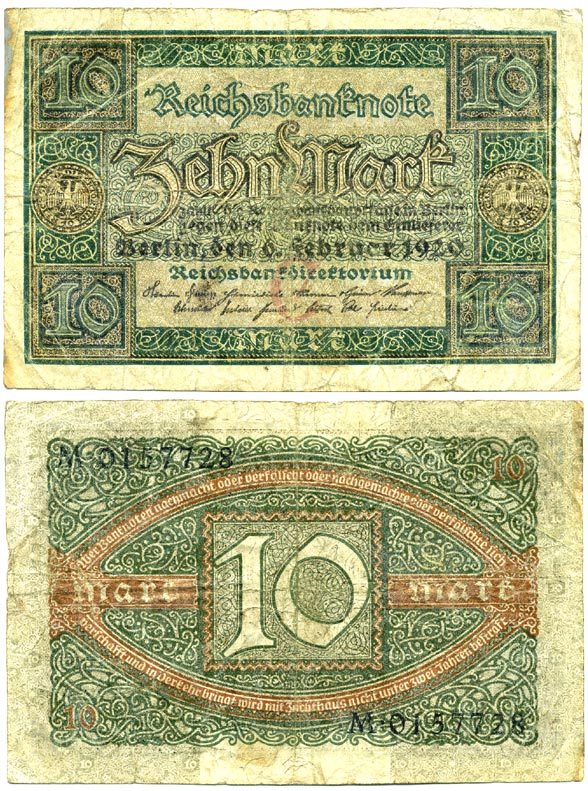 Германия 10 марок 1920 7 цифр в номере, буква C, серия M Pick 67a, Rosenberg 63а бумага 7219-40-3-1