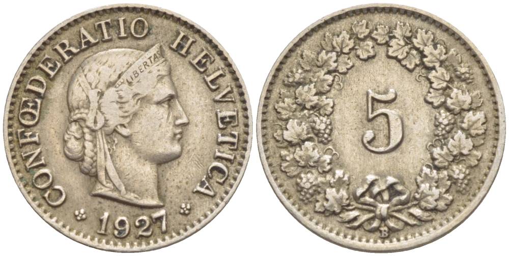 ШВЕЙЦАРИЯ 5 РАППЕНОВ 1927 В KM 26 медно-никель 4532-926