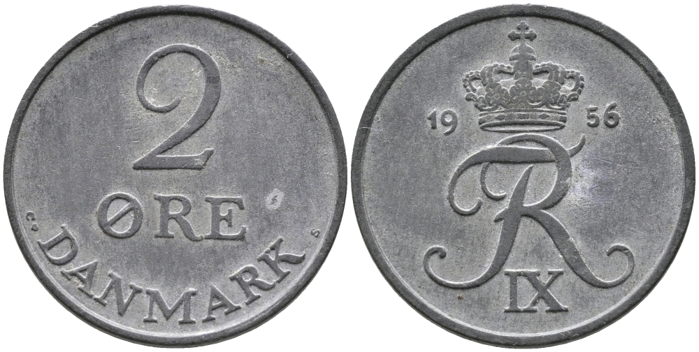 ДАНИЯ 2 ЭРЕ 1956 C; S, ФРЕДЕРИК IX (1947-1972) KM 840.2 цинк 28-1034