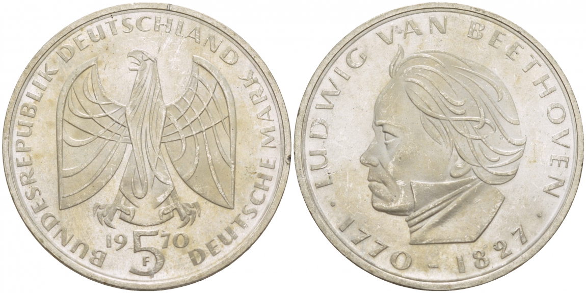 ФРГ 5 марок 1970 F. 200 лет со дня рождения Людвига ван Бетховена KM 127, J. 408 серебро UNC 4545-1124