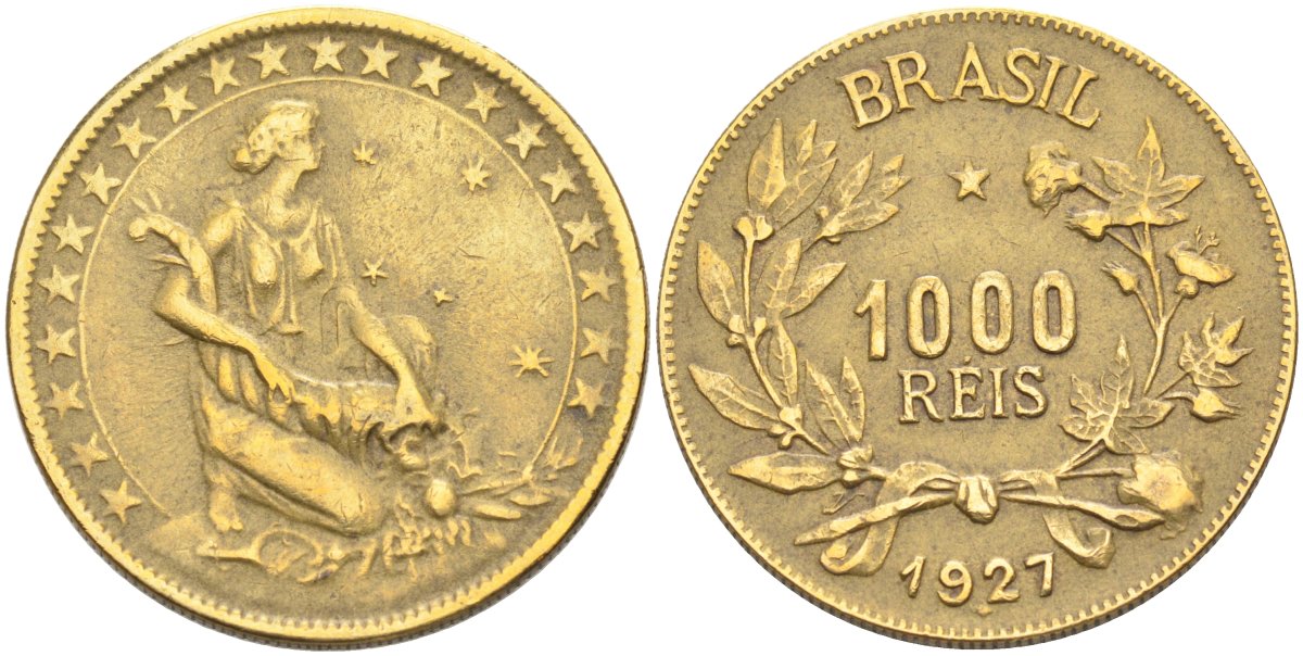 Бразилия 1000 рейс 1927 KM 525 алюминиевая бронза 4574-1234