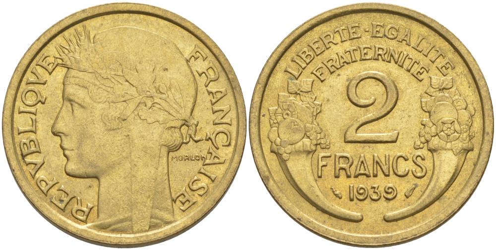 ФРАНЦИЯ 2 ФРАНКА 1939 ТИП MORLON KM 886, LE FRANC 268.12 алюминиевая бронза 3855-215