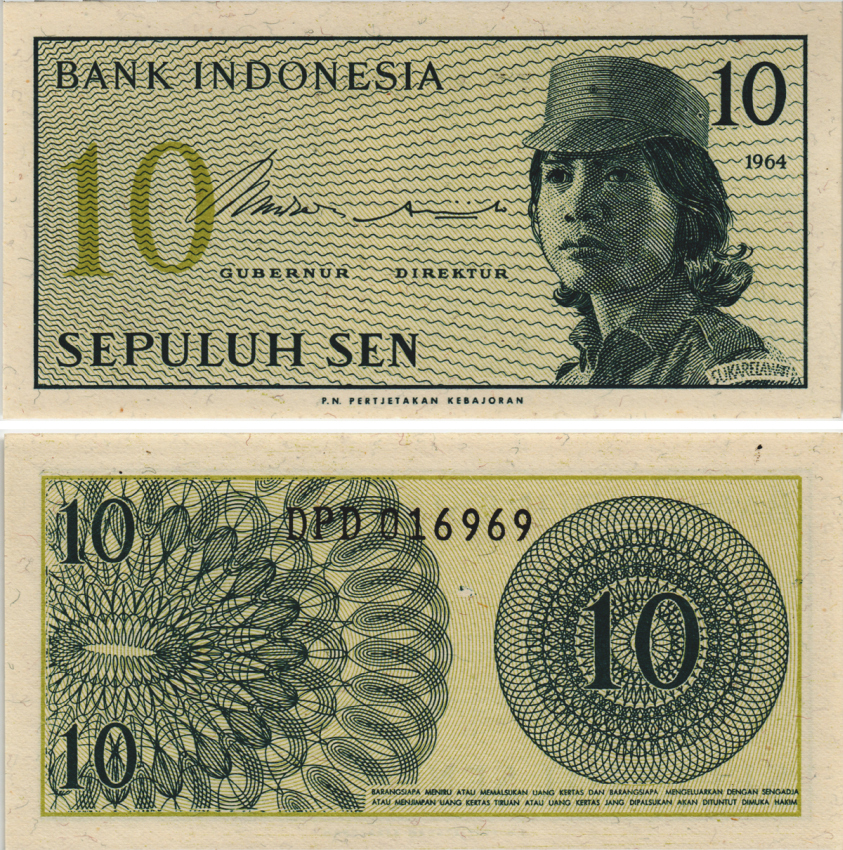 Индонезия 10 сенов 1964 девушка волонтер Pick 92 a бумага UNC (пресс) 8604-48-4-2
