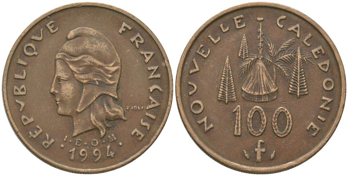 Французская Новая Каледония 100 франков 1994 хижина среди сосен и пальм, (IEOM) KM 15, Schoen 16, Lec 138 никель бронза 88-1034