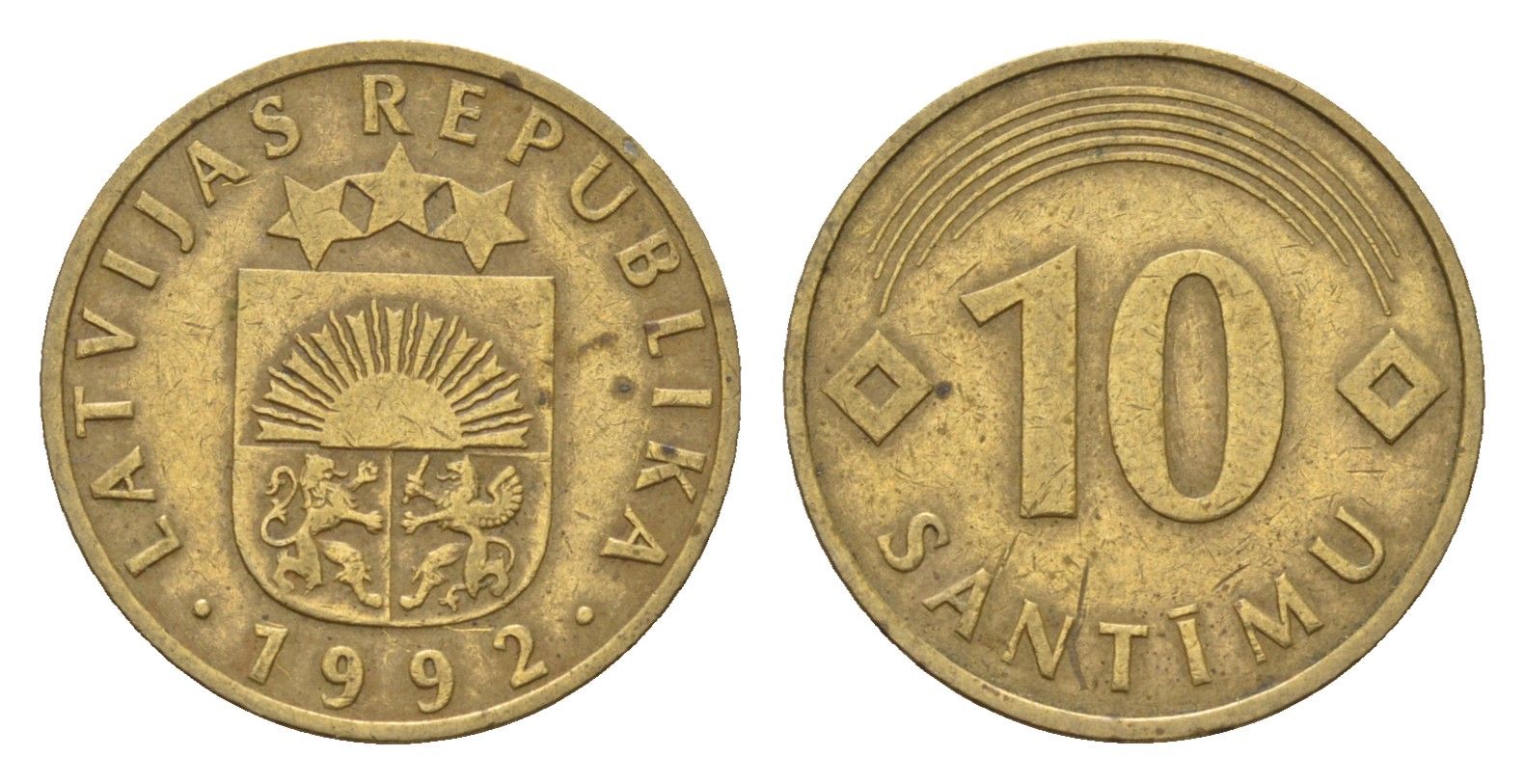 Латвия 10 сантимов 1992 KM 17 никель латунь 105-754