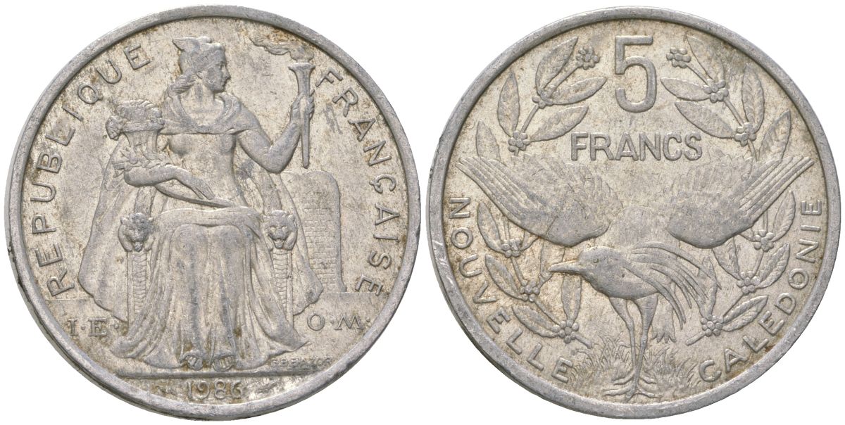 Французская Новая Каледония 5 франков 1986 птица кагу, (IEOM) KM 16, Schoen 12, Lec 76 алюминий 180-621