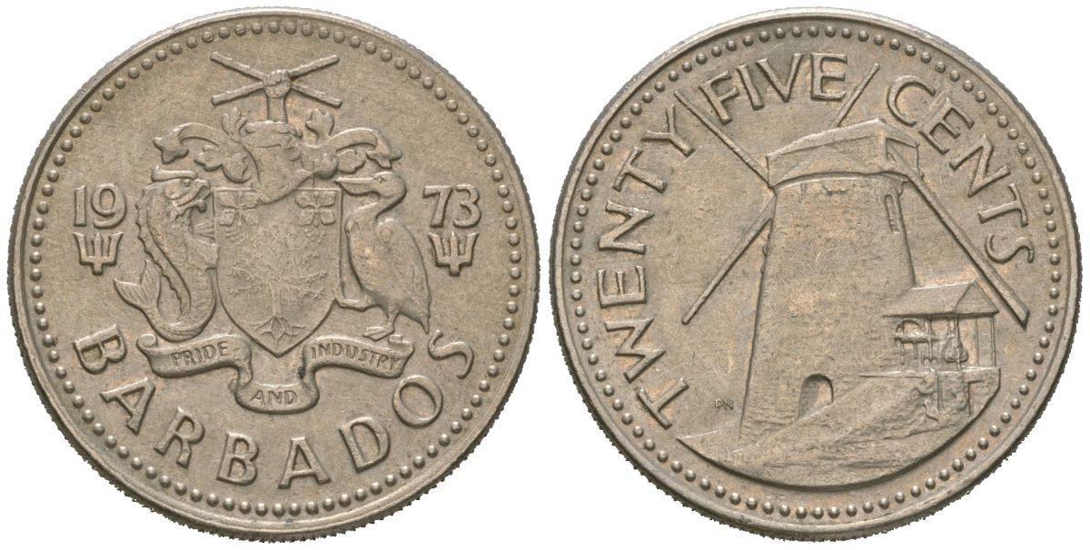 Барбадос 25 центов 1973 ветряная мельница Моргана Льюиса KM 13 медно-никель 4619-525