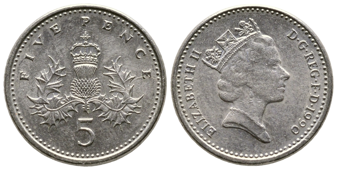 Великобритания 5 пенсов 1990 Елизавета II (1952-2022) KM 937b, Spink 4372 (D4) медно-никель 3999-1152
