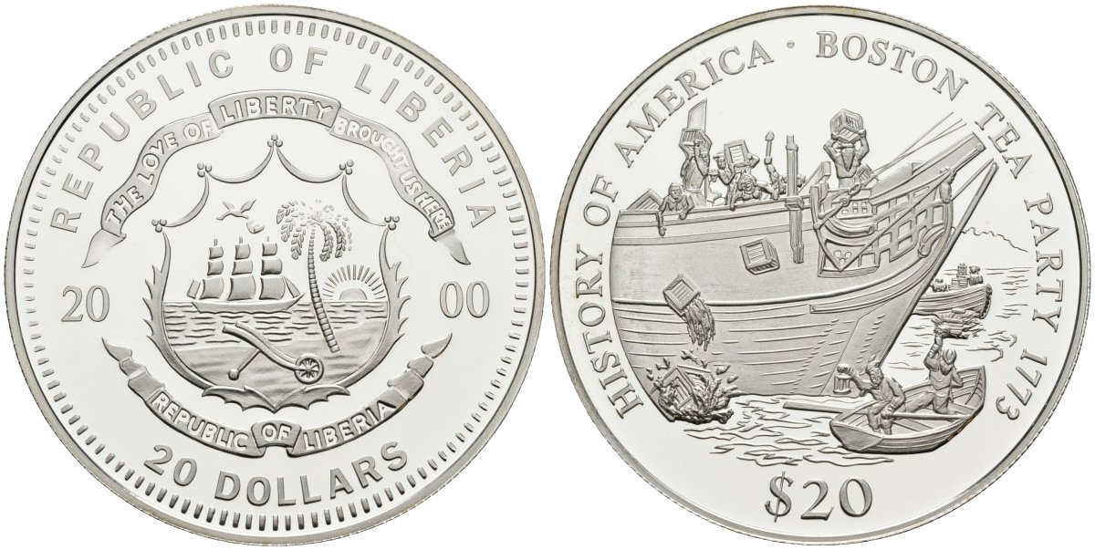 Либерия 20 долларов 2000 серия история Америки, Бостонское чаепитие 1773 KM 707 серебро PROOF 00-000-00