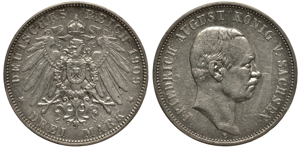 Саксония 3 марки 1909 Е, Фридрих Август III (1904-1918) Weege 132, J. 135, KM 1267 серебро 3711-1324