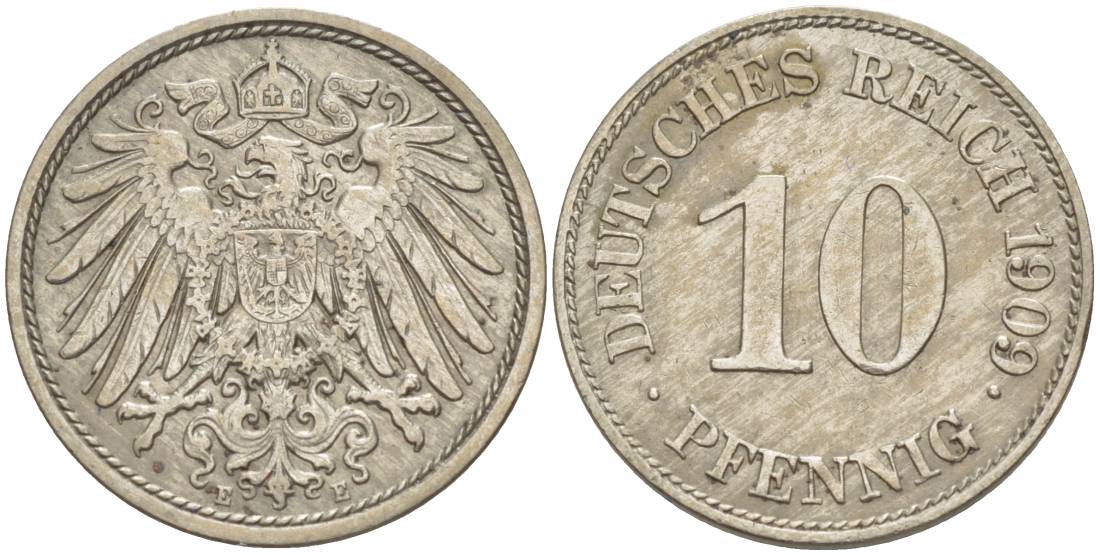Германия 10 пфеннигов 1909 E KM 12, Jager 13, Weege 8 медно-никель 219-151