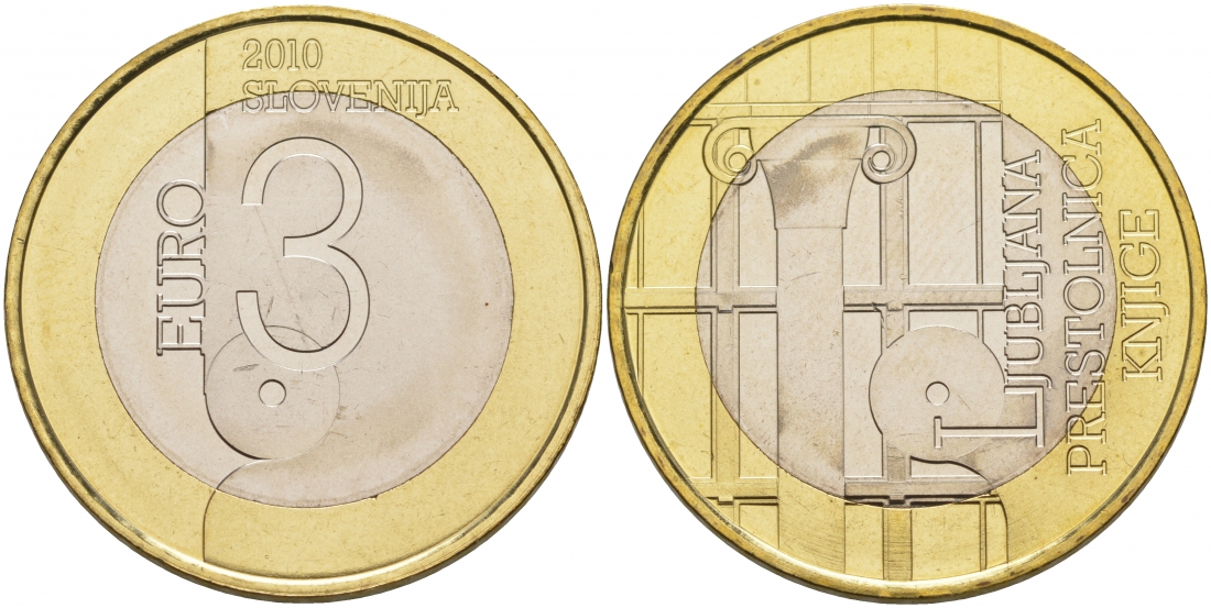 Словения 3 евро 2010 Любляна - всемирная столица книги KM 95 биметалл UNC M7-08