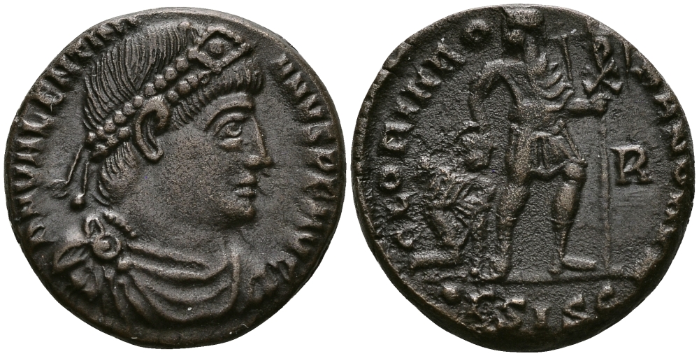 Римская Империя нуммий 367 - 375 Валентиниан I GLORIA ROMANORVM Сисция Good Very fine RIC 14a бронза 1073-10-96