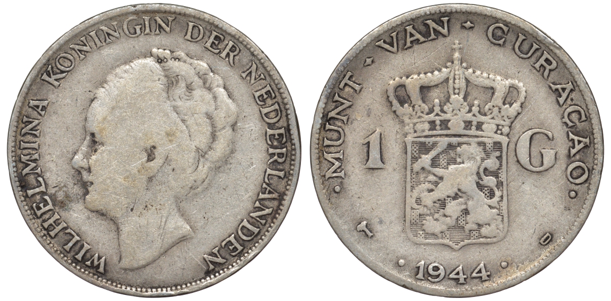 Нидерландское Кюрасао 1 гульден 1944 D, Вильгельмина (1890-1948) KM 45 серебро 36-342