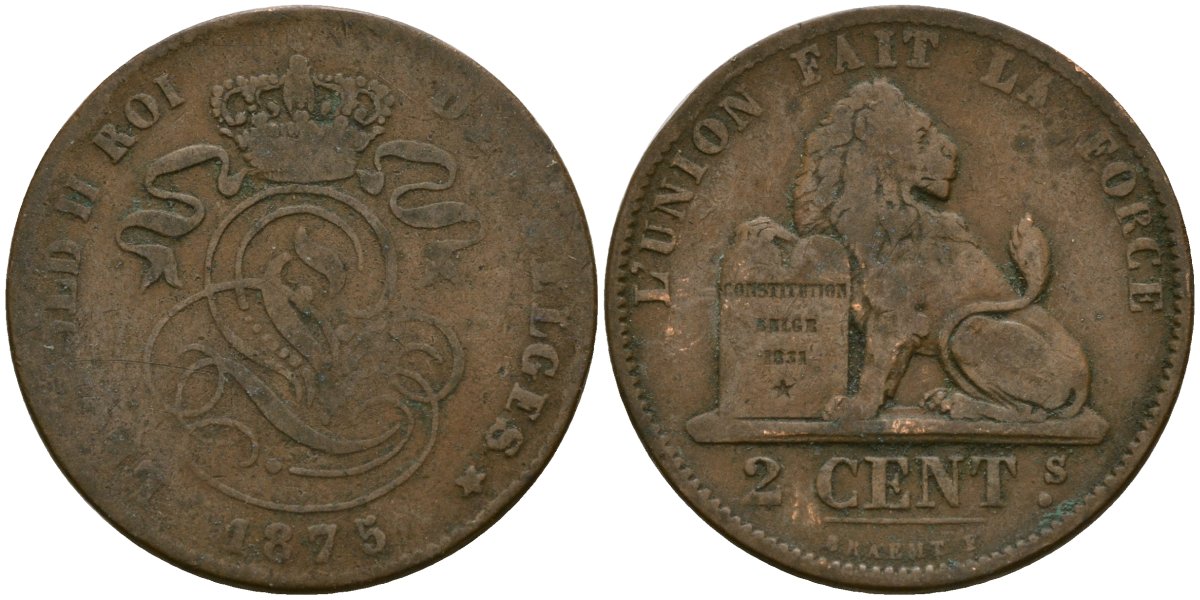 Бельгия 2 сантима 1875 Belges KM 35 медь 4135-946