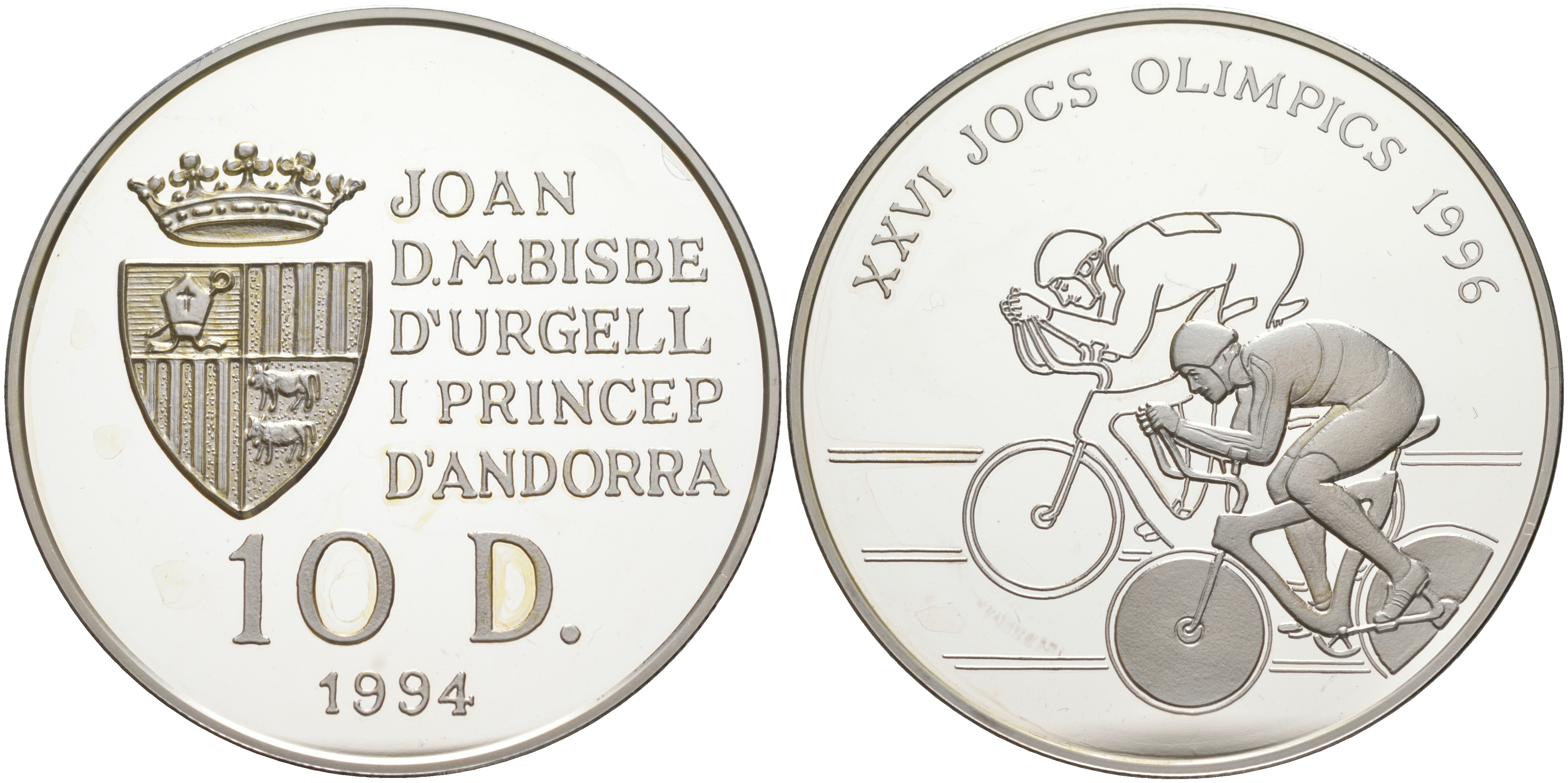 Андорра 10 динеров 1994 XXVI Олимпийские игры 1996 года велоспорт KM 95 серебро PROOF 1074-3-43