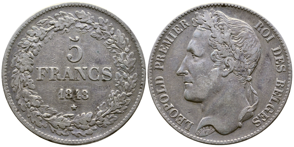 Бельгия 5 франков 1848 Леопольд I (1831-1865), в венке KM 3.2 серебро 74-1015
