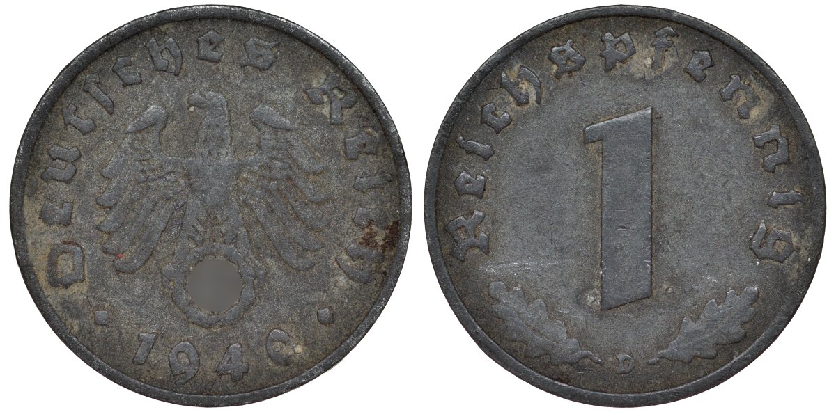 Германия 1 рейхспфенниг 1940 D - Мюнхен KM 89 цинк 4173-643