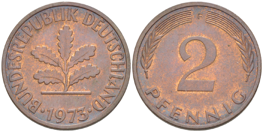 ФРГ 2 ПФЕННИГА 1973 F KM 106а, J. 381а сталь плакированная сталь плакированная медьюю 4181-769