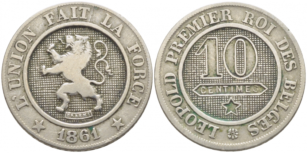 БЕЛЬГИЯ 10 САНТИМОВ 1861 BELGES KM 22 медно-никель 3856-416
