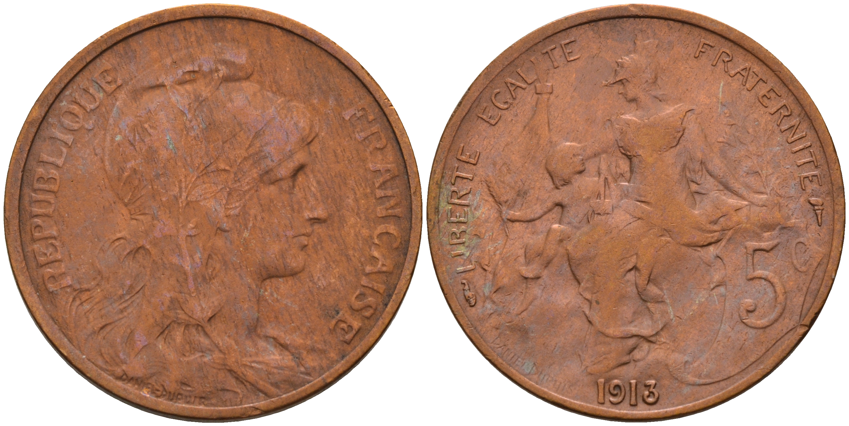 Франция 5 сантимов 1913 тип Дюпюи KM 842 бронза 4116-441