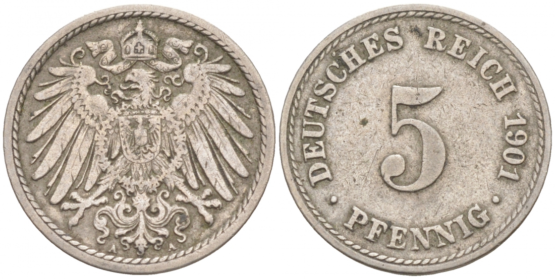 ГЕРМАНИЯ 5 ПФЕННИГОВ 1901 A, KM 11, J. 12 медно-никель 73-655
