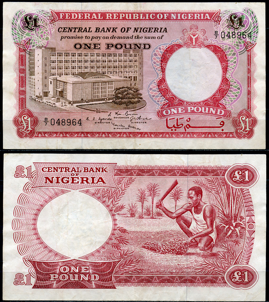 Нигерия 1 фунт 1967 Центральный банк в Лагосе Pick 8 бумага 8619-11-2-2