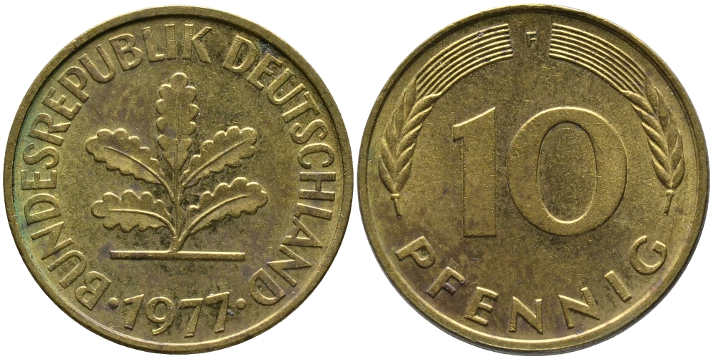 ФРГ 10 ПФЕННИГОВ 1977 F KM 108, J.383 сталь плакированная латунью 98-516