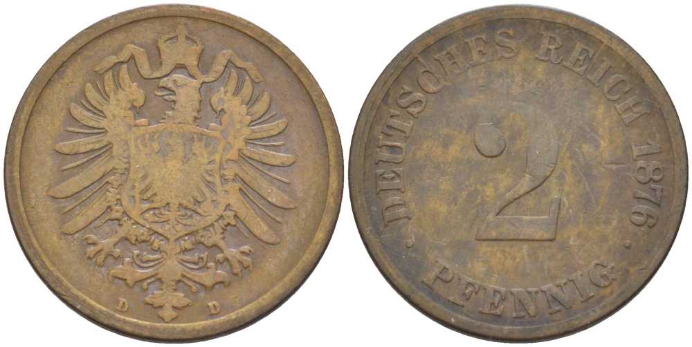 ГЕРМАНИЯ 2 ПФЕННИГА 1876 D, СТАРОГЕРБОВКА KM 2, J. 2, Weege 3 медь 212-622