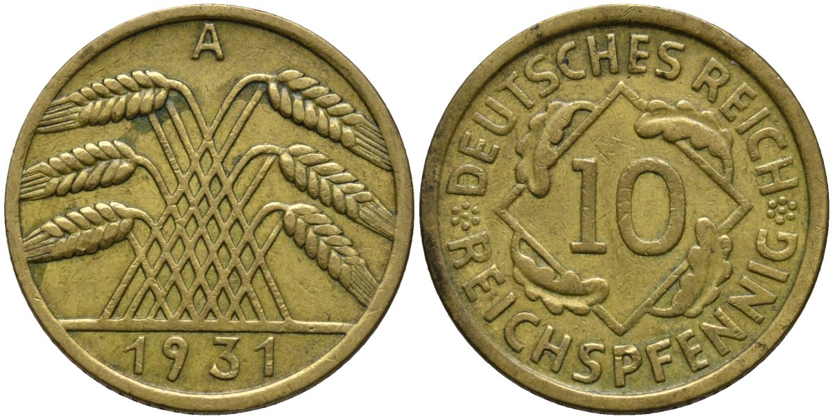 Германия 10 рейхспфеннигов 1931 A KM 40 алюминиевая бронза 4171-351