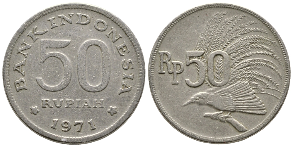 Индонезия 50 рупий 1971 райская птица KM 35 медно-никель 93-1151
