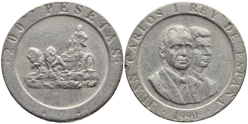 ИСПАНИЯ 200 ПЕСЕТ 1990 КОРОЛЬ И НАСЛЕДНЫЙ ПРИНЦ, ПОВОЗКА ЗАПРЯЖЕННАЯ ЛЬВАМИ, ХУАН КАРЛОС I (1975-) KM 855 медно-никель 4397-555