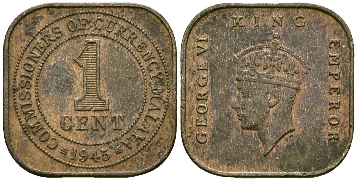 Британская Малайя 1 цент 1945 Георг VI (1937-1952) KM 6 бронза 4167-825