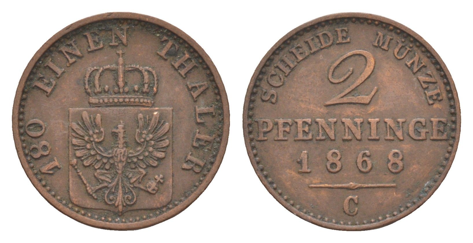 Пруссия 2 пфеннига 1868 C, Вильгельм I (1861-1888) KM 481, Jaeger 51, AKS 107, Olding 425 медь 4651-263