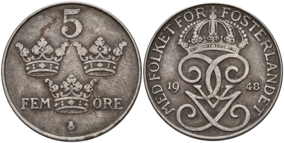 Швеция 5 эре 1948 Густав V (1907-1950) KM 812 железо 4565-233