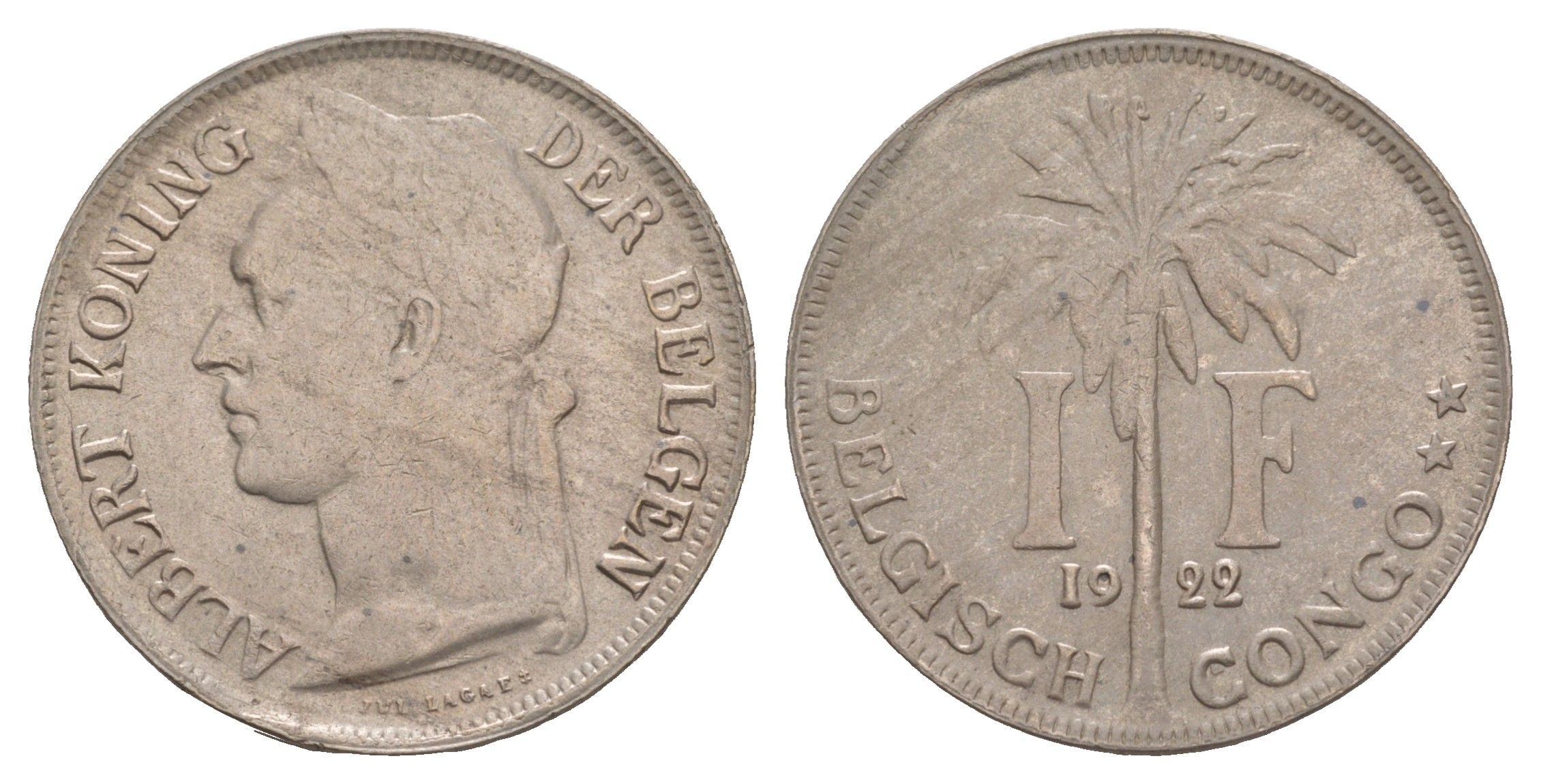 Бельгийское Конго 1 франк 1922 Надпись на голландском - 'ALBERT KONING DER BELGEN' KM 21 медно-никель 4653-921