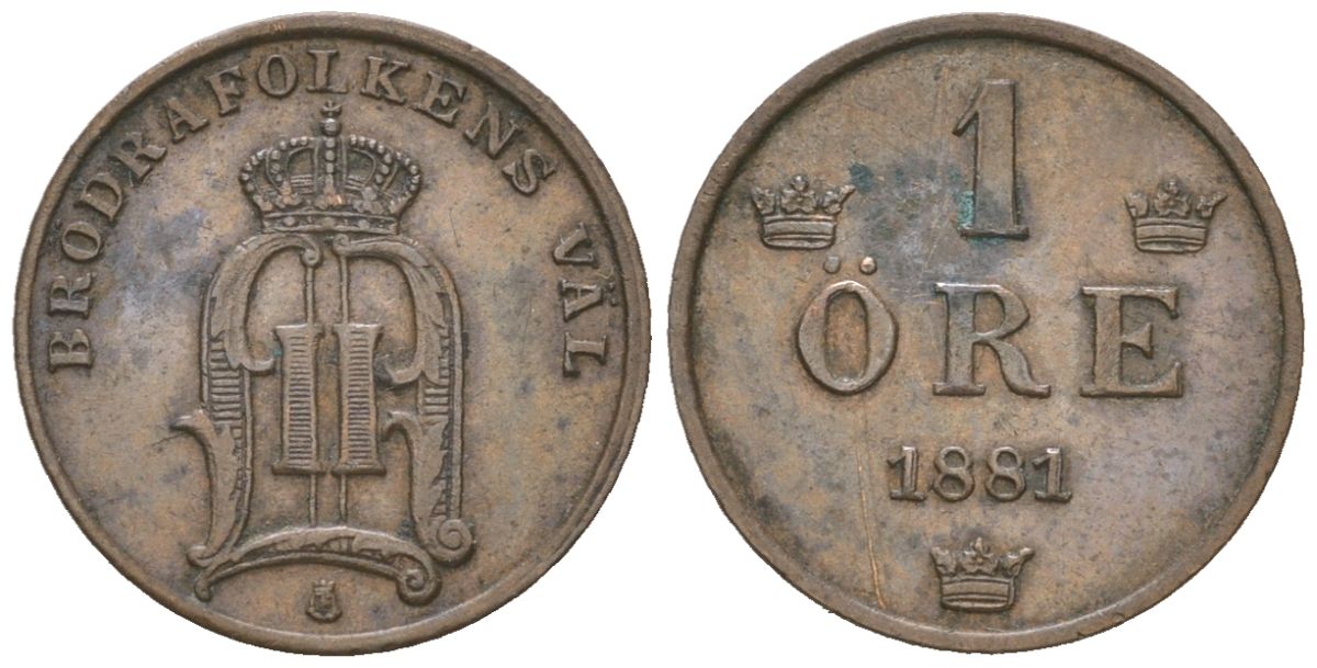 Швеция 1 эре 1881 Оскар II (1872-1907) KM 750 бронза 4611-327