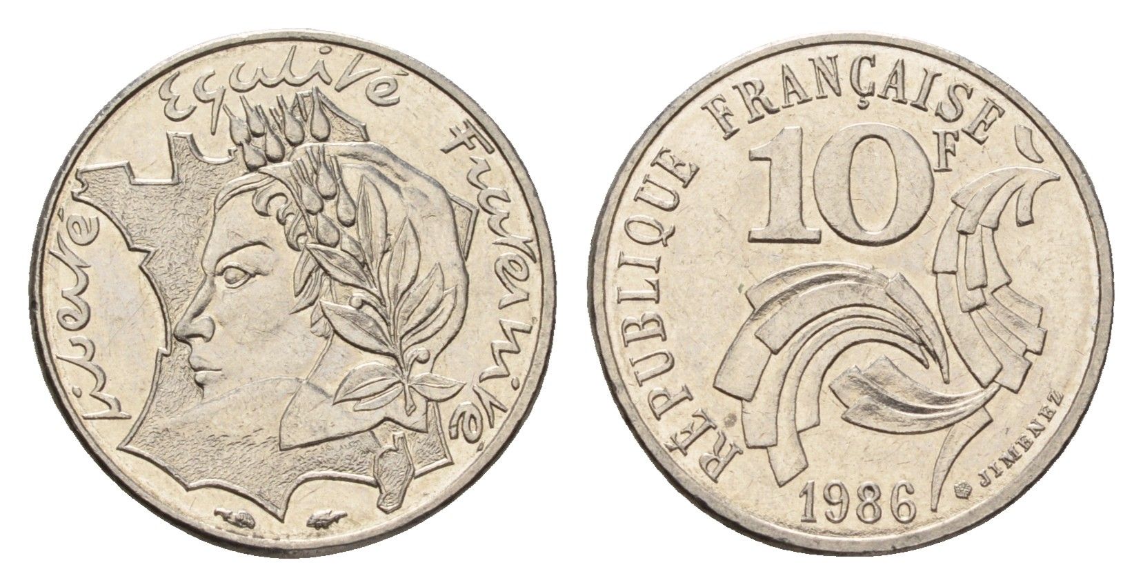 Франция 10 франков 1986 Свобода, Равенство, Братство KM 959 никель UNC 3856-534