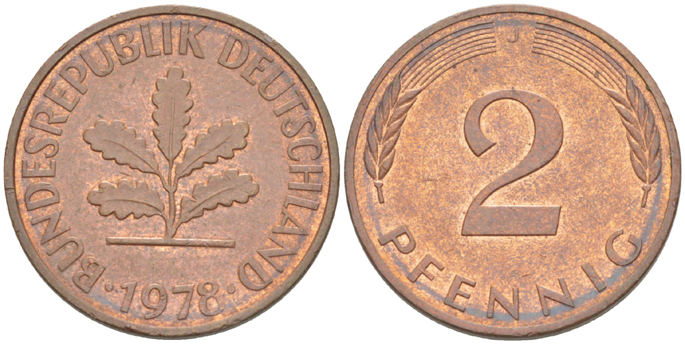 ФРГ 2 ПФЕННИГА 1978 J KM 106а, J. 381а сталь плакированная сталь плакированная медьюю 4181-829