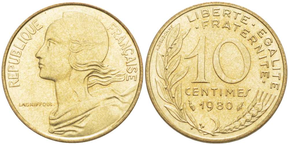 ФРАНЦИЯ 10 САНТИМОВ 1980 ТИП MARIANE KM 929, LE FRANC 144.20 алюминиевая бронза 4519-823