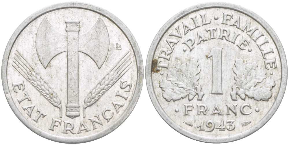 ФРАНЦИЯ 1 ФРАНК 1943 ТИП LEGERE, ПРАВИТЕЛЬСТВО ВИШИ KM 902.1, LE FRANC 223.3 алюминий 202-444