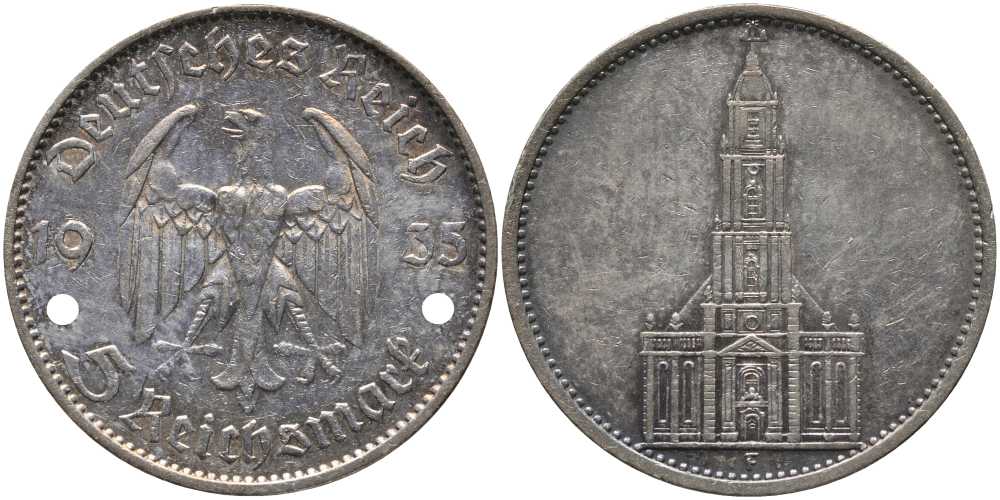 ГЕРМАНИЯ 5 РЕЙХСМАРОК 1935 F, КИРХА KM 83, J. 357 серебро 1515-1623
