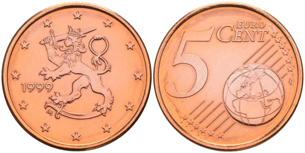 Финляндия 5 евроцентов 1999 KM 100 сталь плакированная медью 68-836