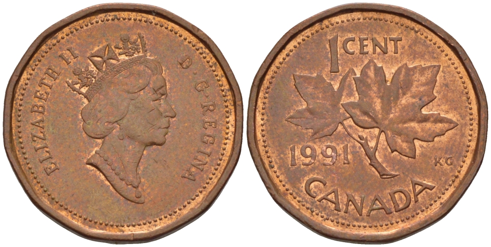 Канада 1 цент 1991 Елизавета II (1952-2022), кленовый лист KM 181 бронза 46-1721