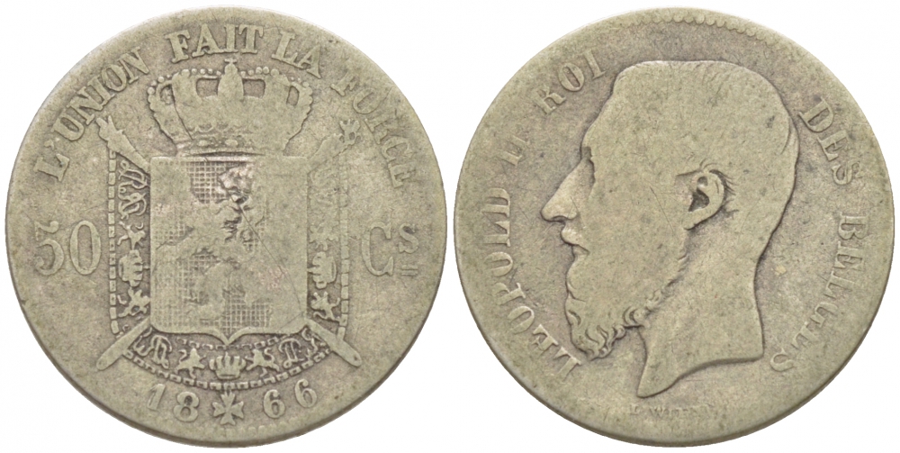 БЕЛЬГИЯ 50 САНТИМОВ 1866 BELGES, ЛЕОПОЛЬД II KM 26 серебро 116-731
