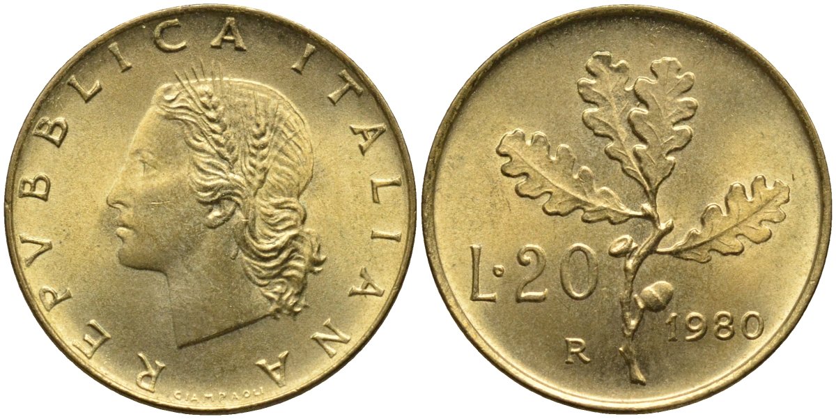 Италия 20 лир 1980 R, дубовая ветвь KM 97.2 алюминиевая бронза 4171-931